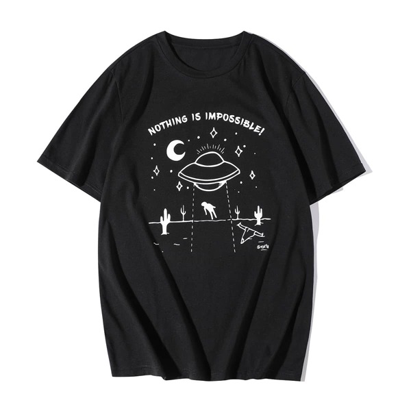 

Men UFO And Slogan Graphic Tee, Black