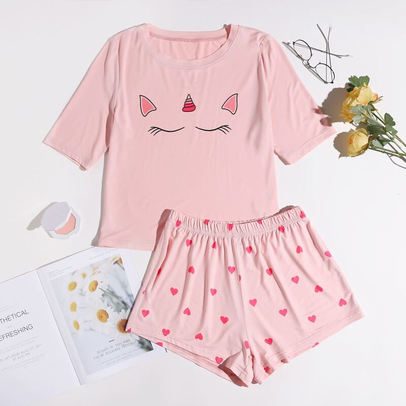 

Heart & Cartoon Graphic PJ Set, Baby pink