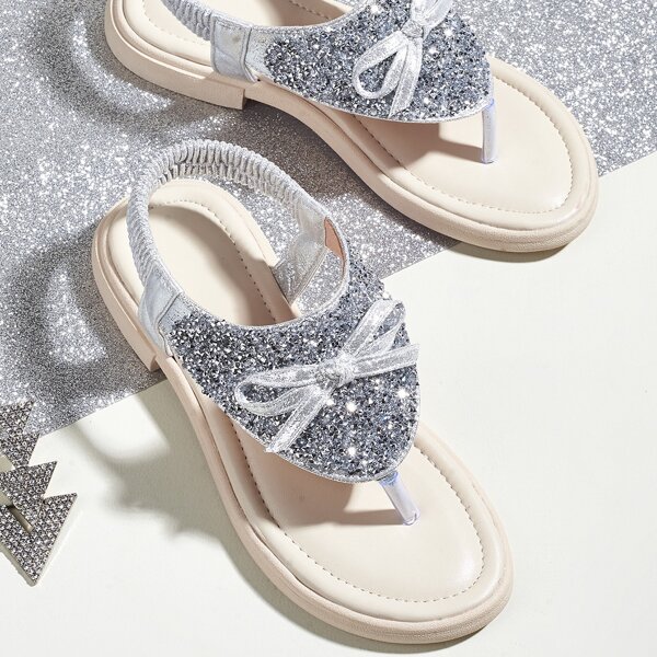 

Toddler Girls Rhinestone & Bow Decor Thong Sandals, Silver