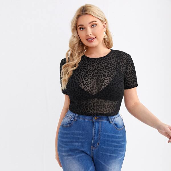 

Plus Leopard Mesh Top Without Bra, Black