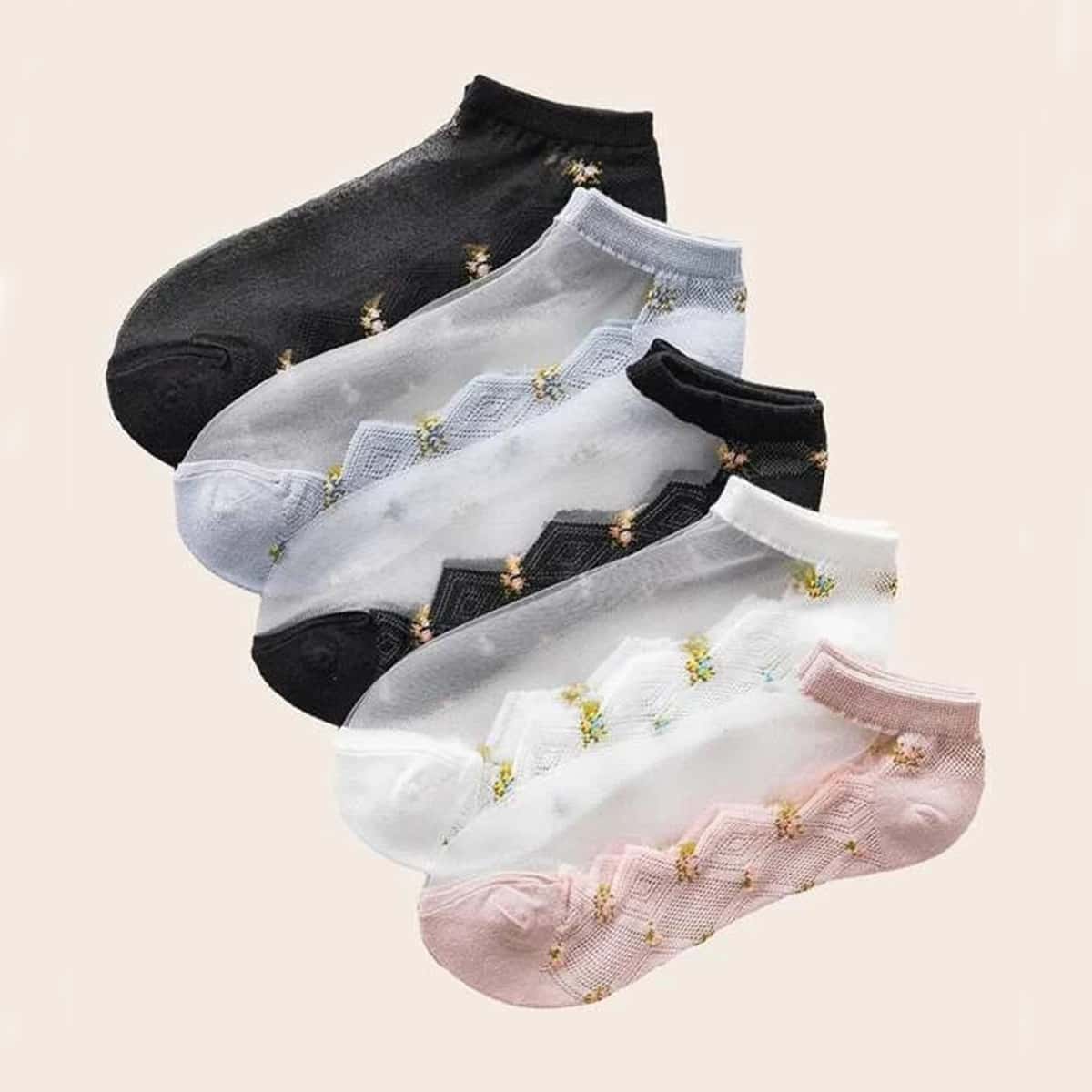

5pairs Floral Mesh Ankle Socks, Multicolor