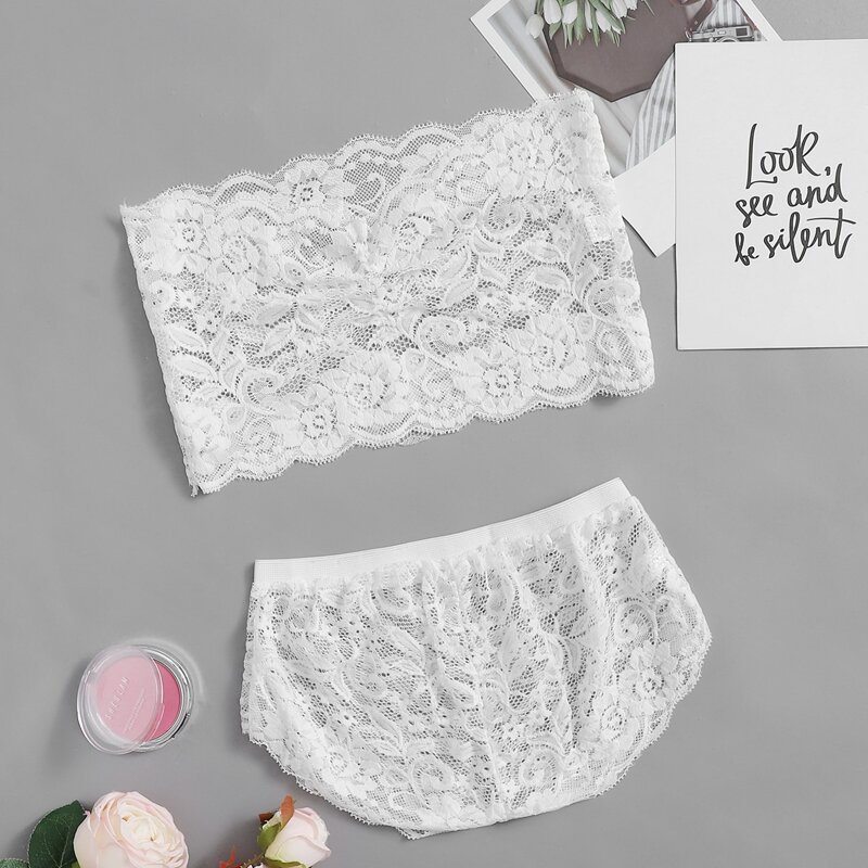 

Solid Lace Lingerie Set, White