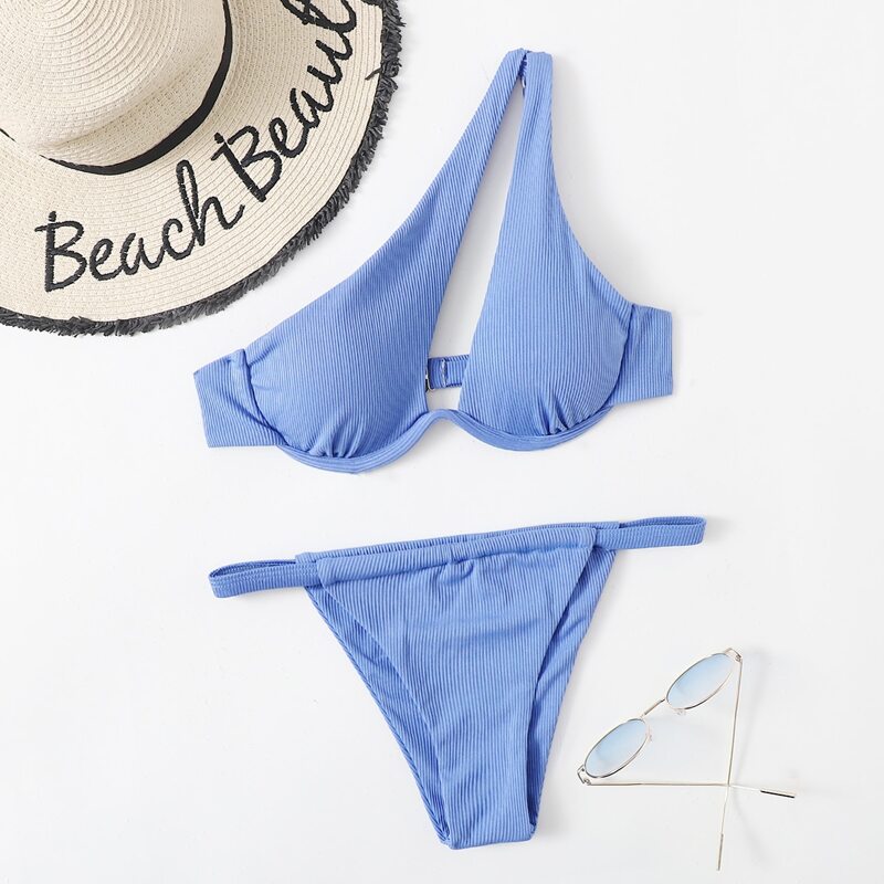 

Underwire One Shoulder Bikini Swimsuit, Blue