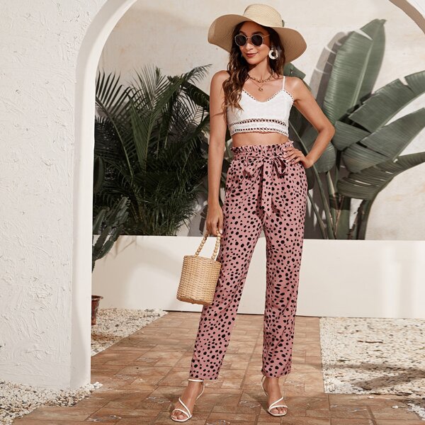 

Allover Print Paperbag Waist Pants, Multicolor