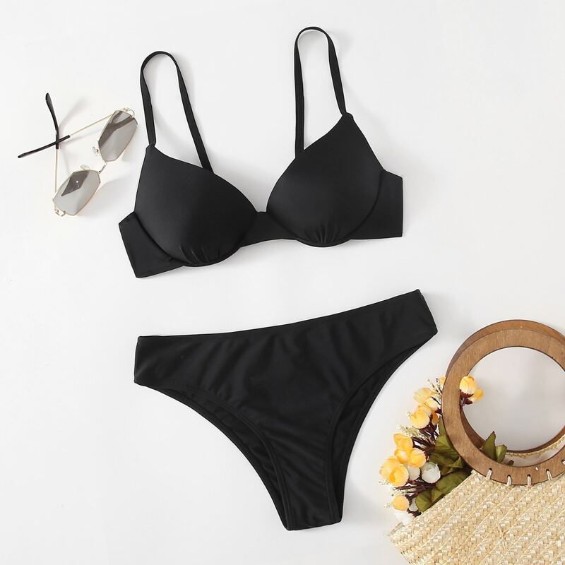 

Plain Underwire Bikini Swimsuit, Black