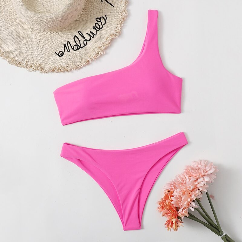 

Solid One Shoulder Bikini Swimsuit, Pink