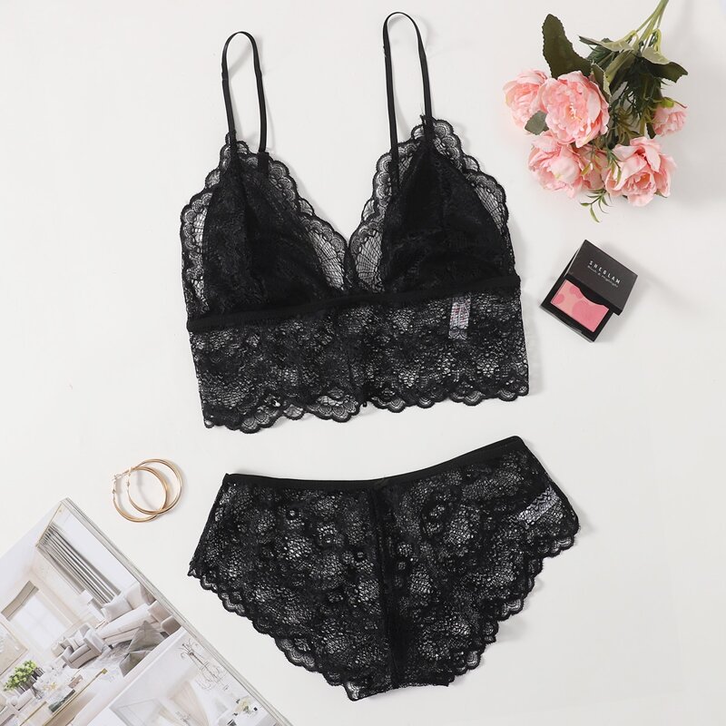 

Solid Lace Lingerie Set, Black
