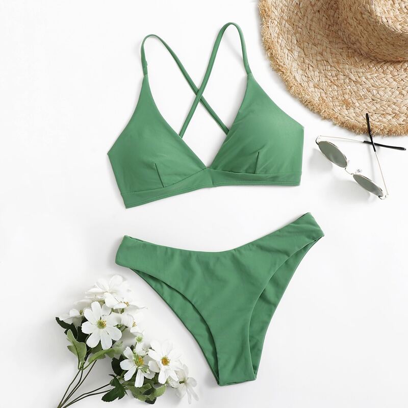 

Solid Crisscross Back Bikini Swimsuit, Green