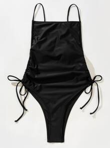 Drawstring Tie Side One Piece Swimsuit, For Summer Beach Vacation