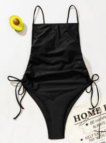 Drawstring Tie Side One Piece Swimsuit, For Summer Beach Vacation