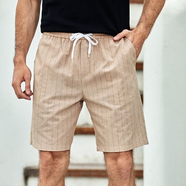 

Men Striped Drawstring Waist Shorts, Khaki