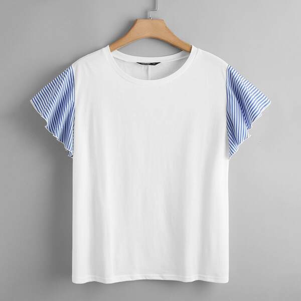 

Plus Contrast Striped Ruffle Trim Tee, White