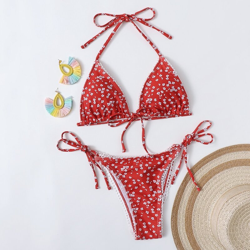 

Ditsy Floral Tie Side Bikini Swimsuit, Red