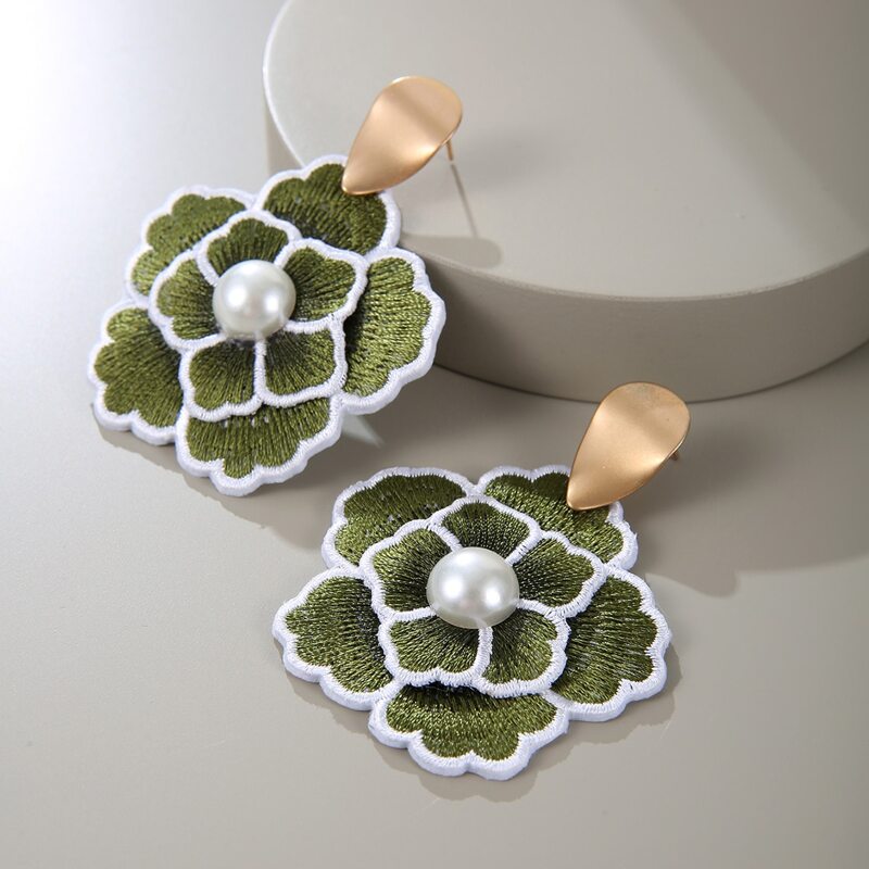 

Embroidery Floral Drop Earrings, Green