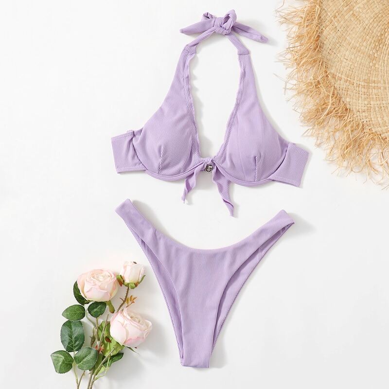 

Knot Decor Underwire Bikini Swimsuit, Lilac purple