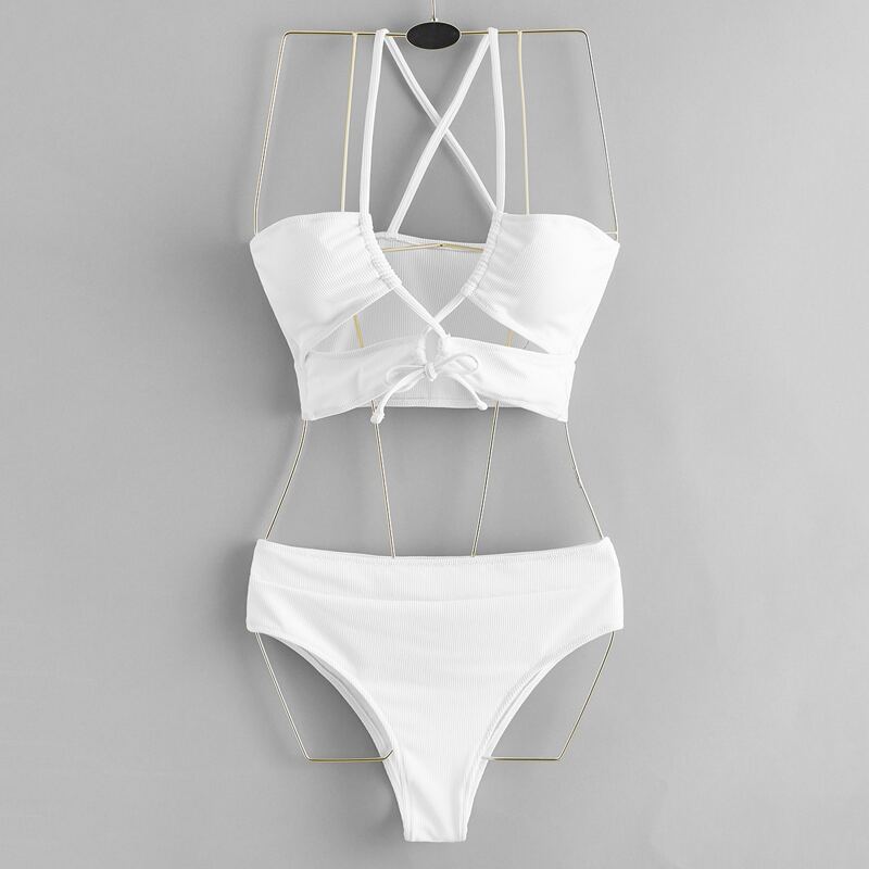 

Lace-up Front Bikini Swimsuit, White