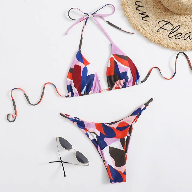

Colorblock Triangle Halter Bikini Swimsuit, Multicolor