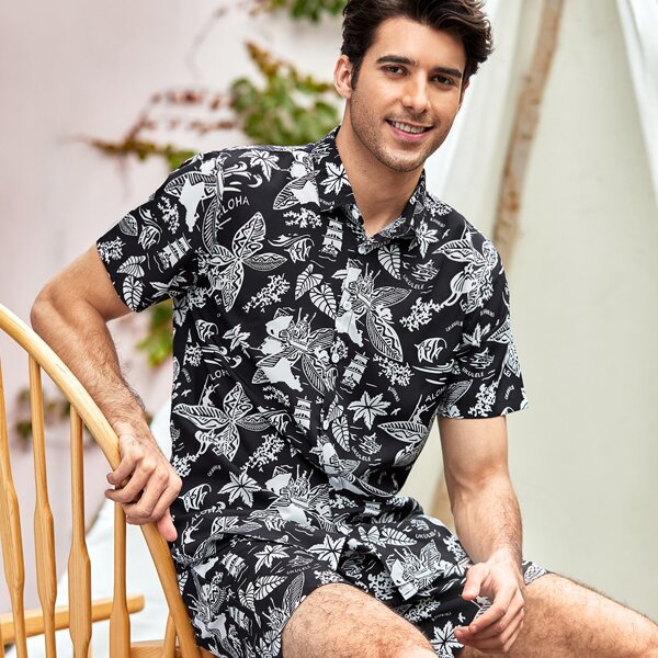 

Men All Over Print Shirt & Shorts Set, Black and white