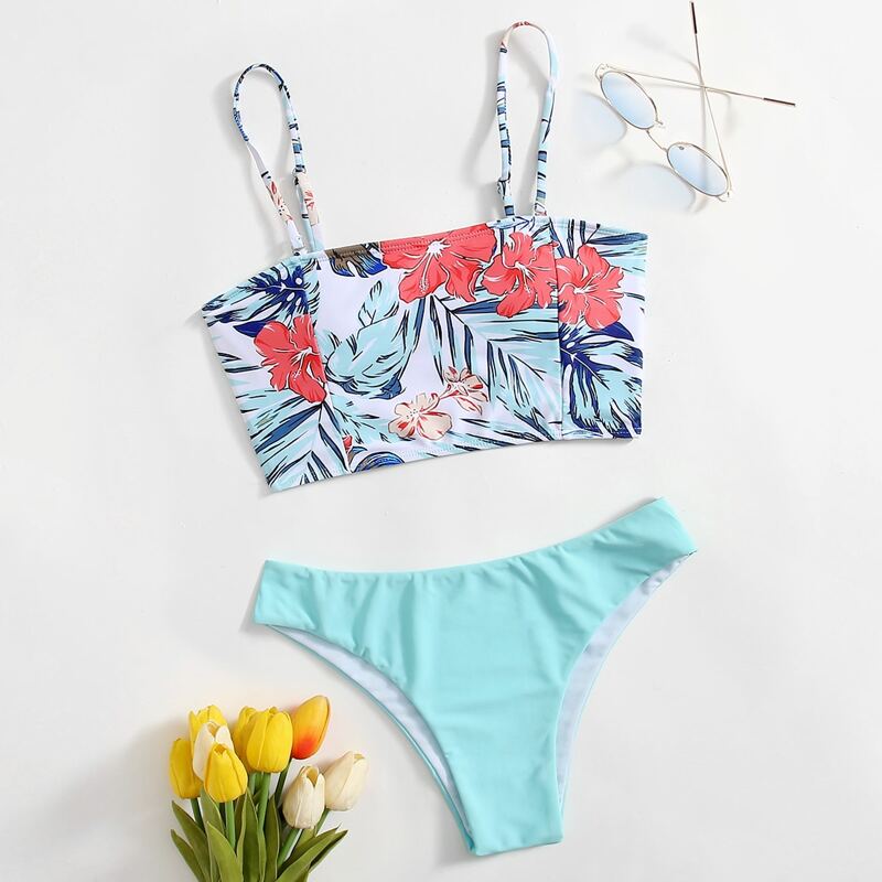 

Floral & Leaf Print Bikini Swimsuit, Multicolor
