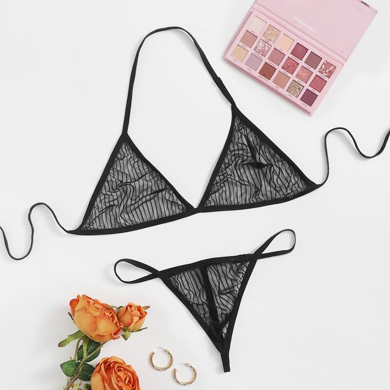 

Mesh Striped Sheer Lingerie Set, Black
