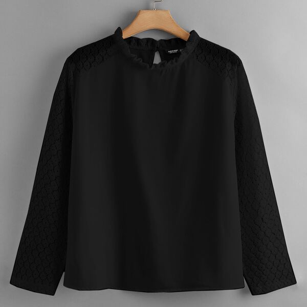 

Plus Frill Neck Contrast Lace Sleeve Blouse, Black