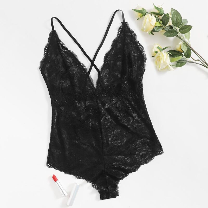 

Solid Lace Teddy Bodysuit, Black