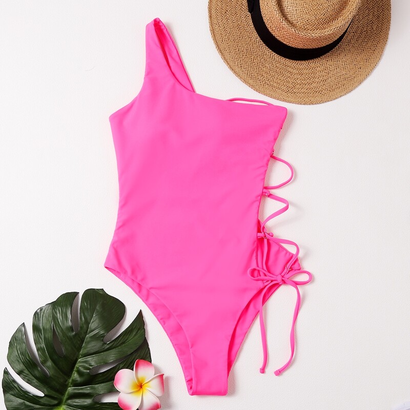 

Lace-up One Shoulder One Piece Swimsuit, Hot pink