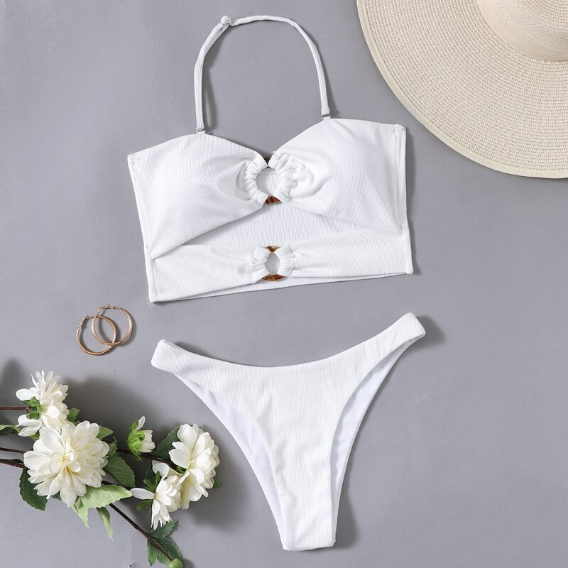 

Ring Decor Cut-out Bikini Swimsuit, White