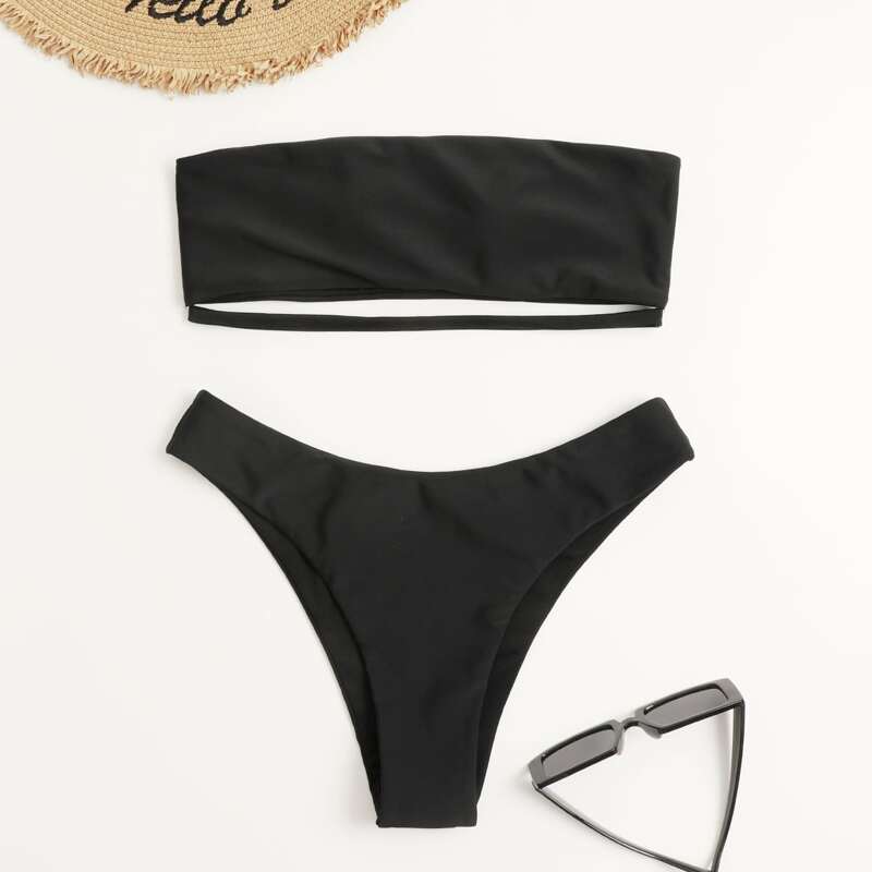 

Solid Bandeau Bikini Swimsuit, Black