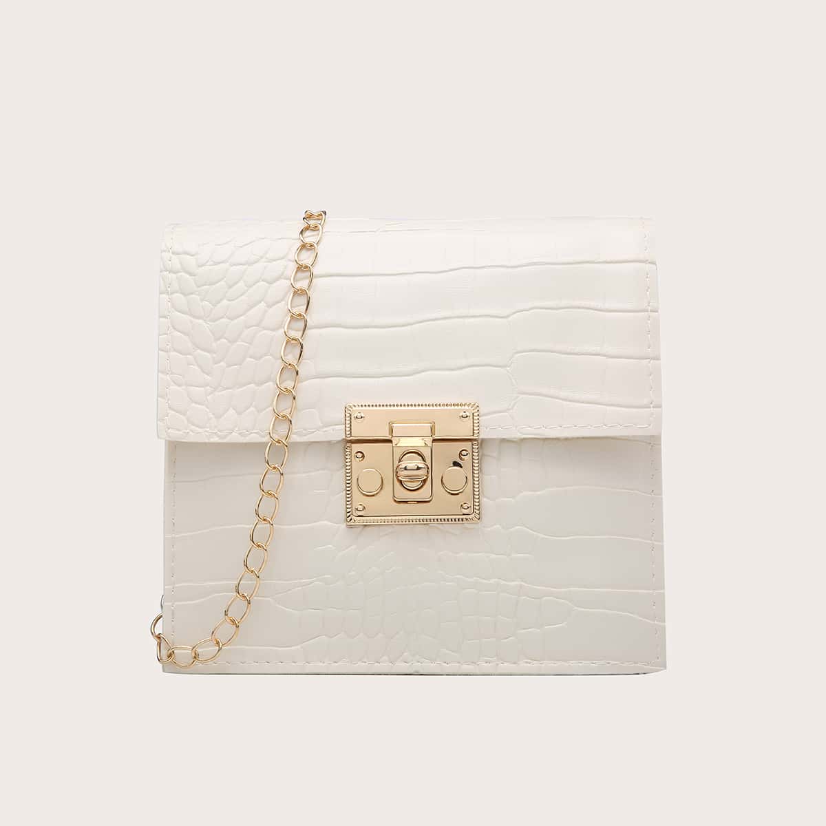 

Croc Embossed Chain Crossbody Bag, Beige