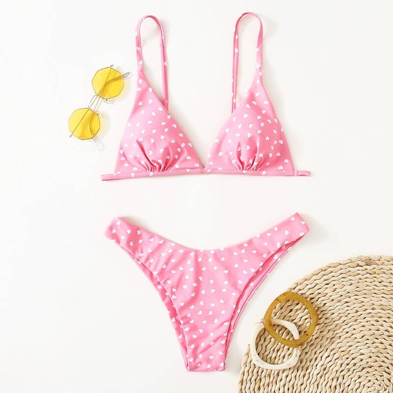 

Heart Print Triangle Bikini Swimsuit, Pink