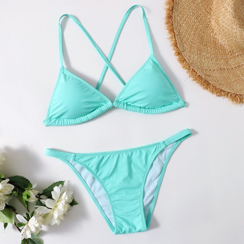 

Crisscross Back Triangle Bikini Swimsuit, Mint green