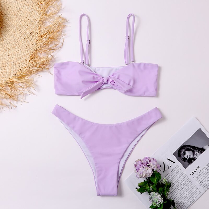 

Knot Front High Leg Bikini Swimsuit, Lilac purple