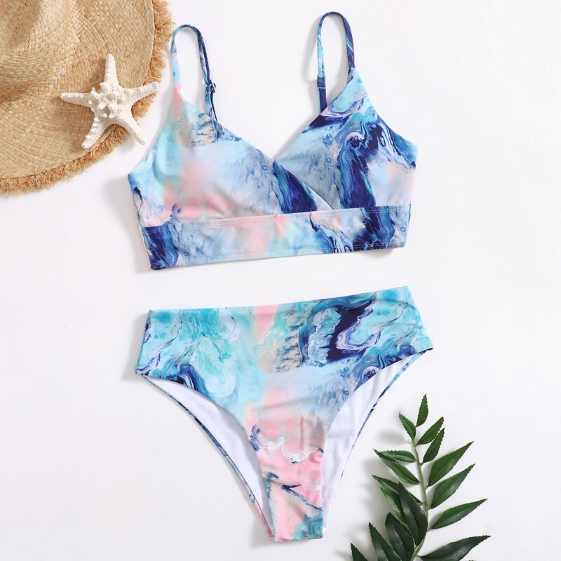 

Marble Pattern High Waist Bikini Swimsuit, Multicolor