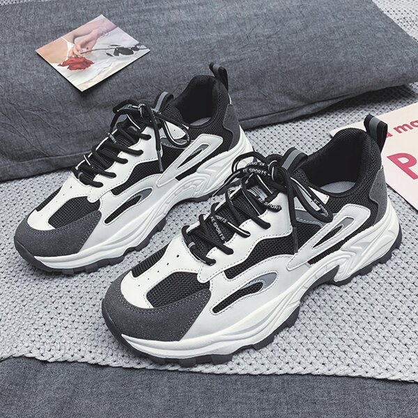 

Men Lace-up Front Mesh Panel Sneakers, Black and white