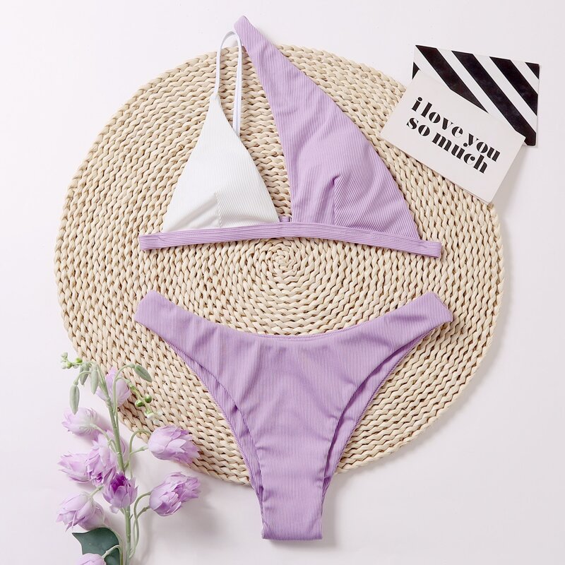 

Colorblock Asymmetric Neck Bikini Swimsuit, Lilac purple