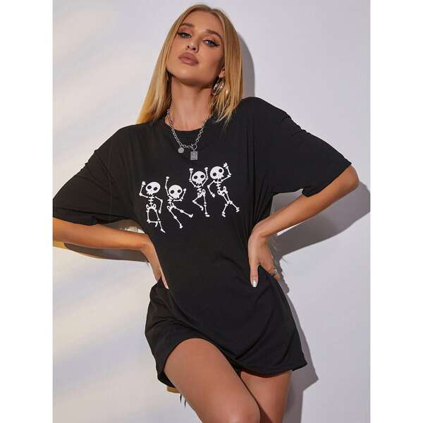 

Skeleton Print Drop Shoulder Tee, Black