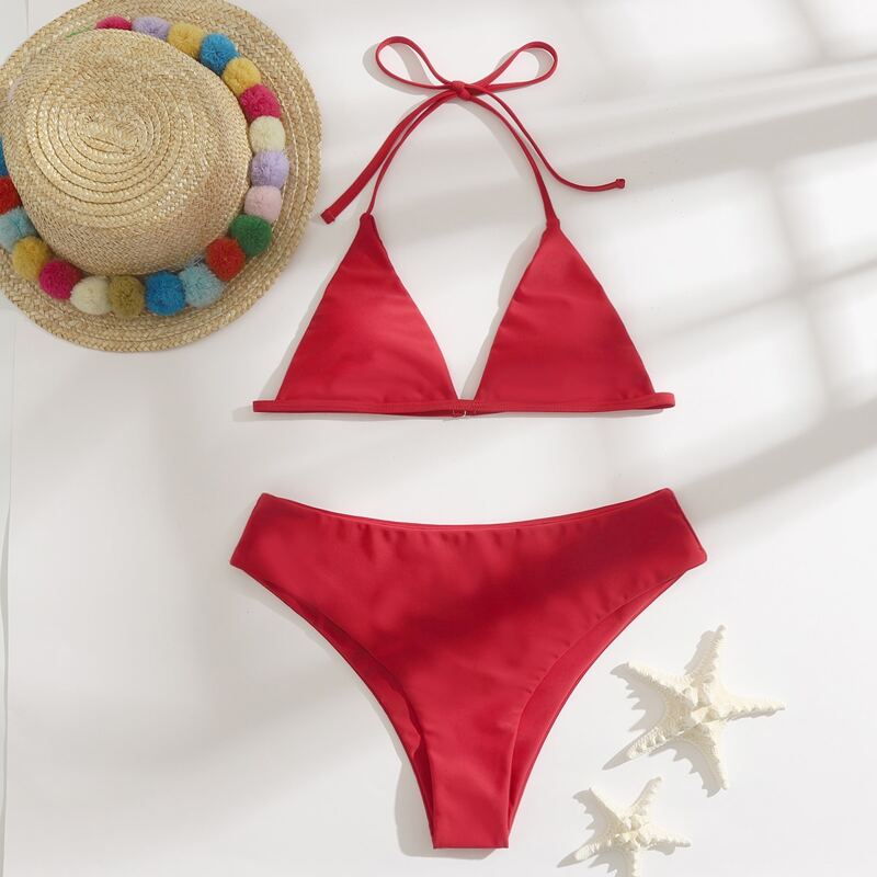 

Solid Triangle Bikini Swimsuit, Red