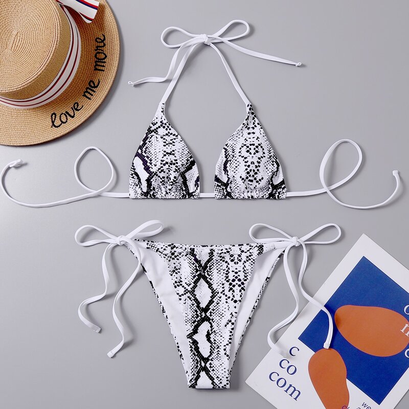 

Snakeskin Print Tie Side Bikini Swimsuit, Black and white