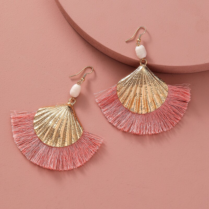 

Fan-shaped Fringe Drop Earrings, Pink