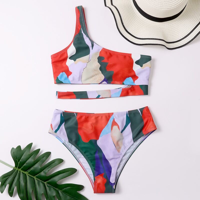 

Colorblock Cut-out One Shoulder Bikini Swimsuit, Multicolor