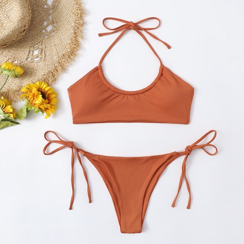 

Halter Tie Side Bikini Swimsuit, Brown