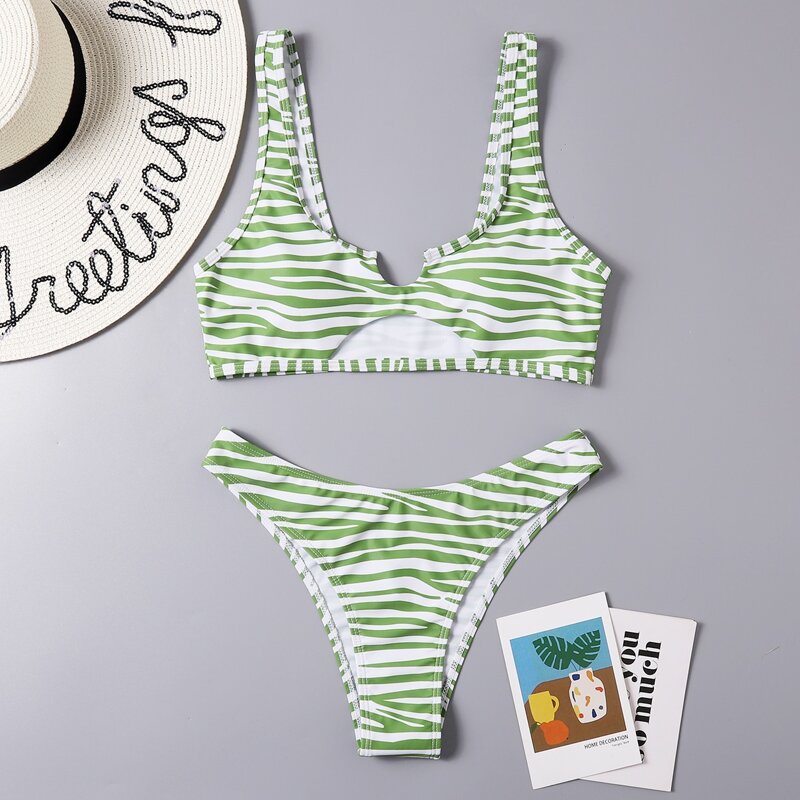 

Zebra Stripe Cut-out Bikini Swimsuit, Green