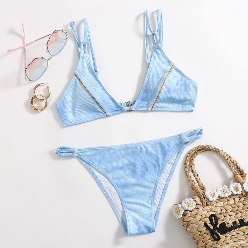 

Ribbed Double Strap Bikini Swimsuit, Blue
