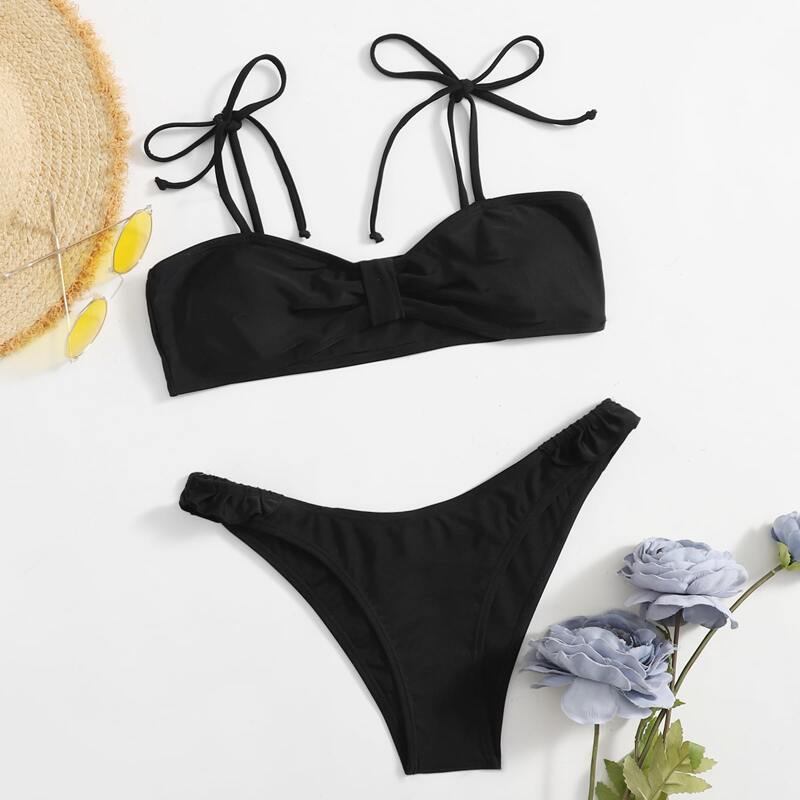 

Tie Shoulder Bikini Swimsuit, Black