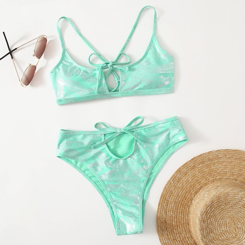 

Leaf Print Lace-up Bikini Swimsuit, Green
