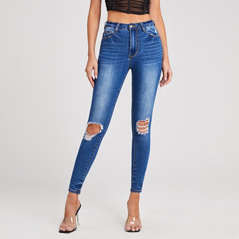 

High Waist Ripped Skinny Jeans, Medium wash