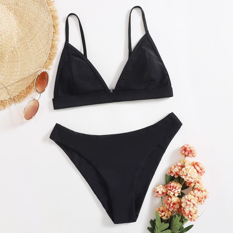 

Solid Triangle Bikini Swimsuit, Black