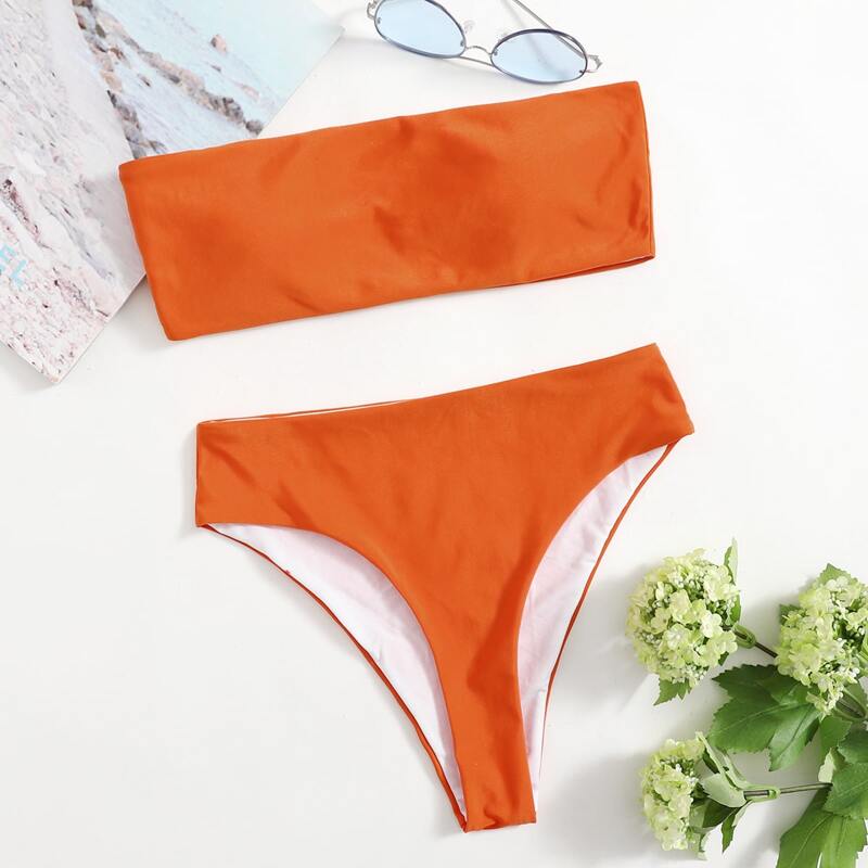 

Solid Bandeau Bikini Swimsuit, Orange
