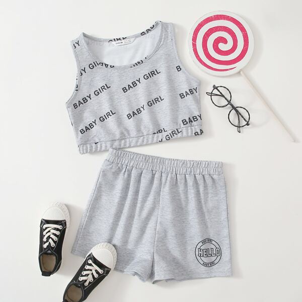 

Girls Letter Graphic Tank Top & Track Shorts Set, Light grey